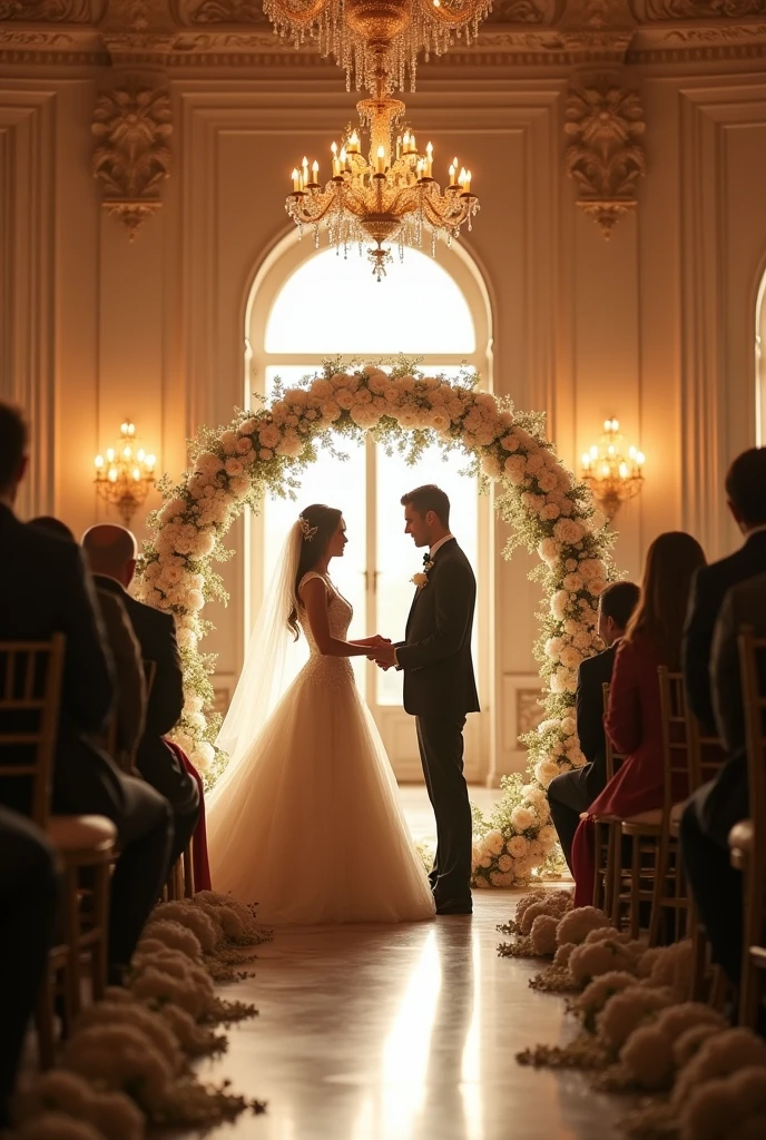 In a wedding ceremony, many beautiful husband and wife are together in a hall room. The camera will be taken from the front.