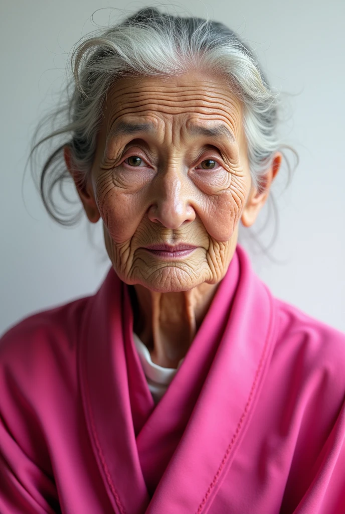 Hyper-realistic image of an elderly woman, with detailed, lifelike features, wearing a pink outfit, admiring various offers. The image showcases a highly detailed and realistic character with intricate textures, detailed skin, and a lifelike pose. The woman is captured in a close-up, with cinematic lighting that enhances her expression of admiration. The background is clean and white, with sharp focus on the subject.