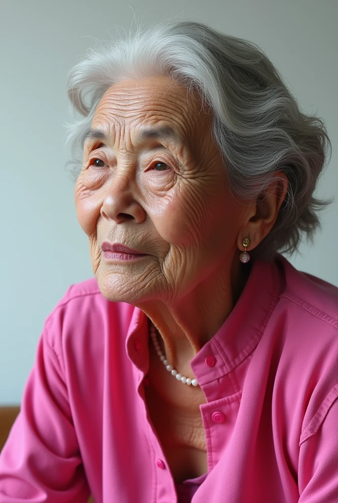 Hyper-realistic image of an elderly woman, with detailed, lifelike features, wearing a pink outfit, admiring various offers. The image showcases a highly detailed and realistic character with intricate textures, detailed skin, and a lifelike pose. The woman is captured in a close-up, with cinematic lighting that enhances her expression of admiration. The background is clean and white, with sharp focus on the subject.