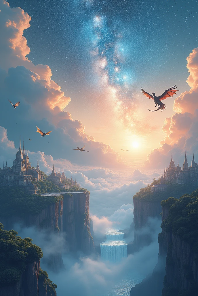 Imagine a world, The outside world was endless starry sky,nebula swirling across the sky. The faintly colored clouds are full of immortal spirits and endless territory, making this divine world look like a pure land of bliss, such a beautiful place. There are not only land, but also urban suspensions in the sky, and even rivers pouring down from the sky and turning into huge waterfalls. All kinds of birds and beasts soar in the air, exuding a powerful breath. In particular, the dragon clan, which flies in the air, is huge, but all other kinds of mythical beasts can coexist peacefully, completely presenting a peaceful scene.raw photo ,ultra detailed world,better quality, 24K ultra hd quality,masterpiece,ultra photo scene