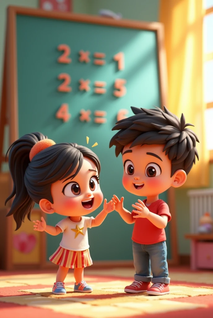 Create a animated png image of a girl and a boy looking at points board of them with girl having 7 points and boy having 5 points