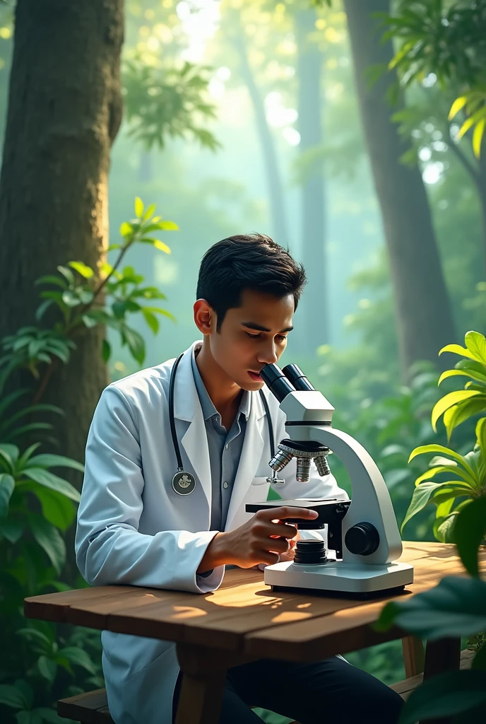A Nepali Young Male doctor With microscope in jungle