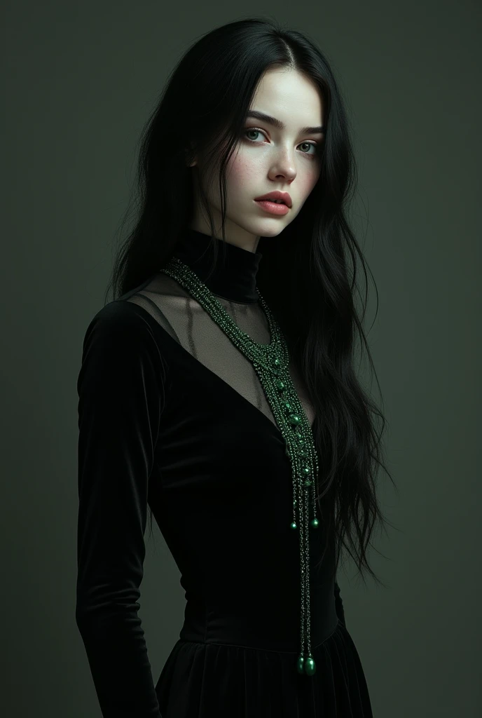 Generates the image of an 1 girl, thin and structural body, White skin, long black hair, black eyes, dark look, Whole body, tom riddle's girlfriend, , with a long black dress with long sleeves, without neckline and a beautiful dark green necklace chain.