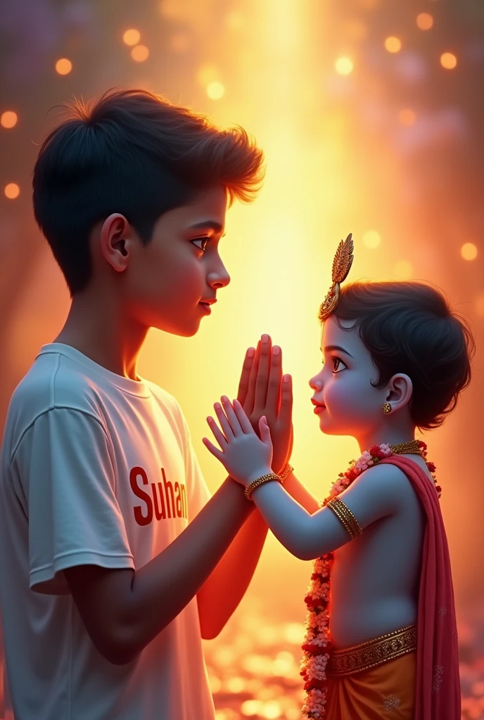 A Boy is blessing little Krishna and his age is 12 year,he wear white tshirt and printed on 'SUBHAM' 4k realistic colourful background