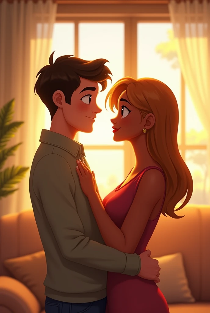 Animated Couple Relationship: White man with straight brown hair, 2, and Black woman with straight copper blonde hair, 1