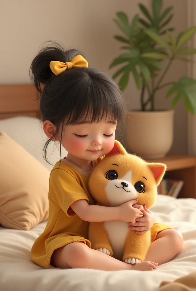 a stuffed cat being held by a  in a yellow dress with a bow on her head. The child is sitting on the bed in her room.