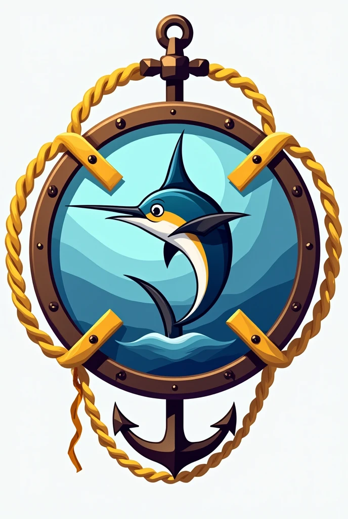 Make a circular shield with a sailfish in the center with an anchor at the bottom and the 4 cardinal points in the background. The outline of the shield has to be a yellow rope with a chain at the top. The design should be simple and not realistic or 3D. 