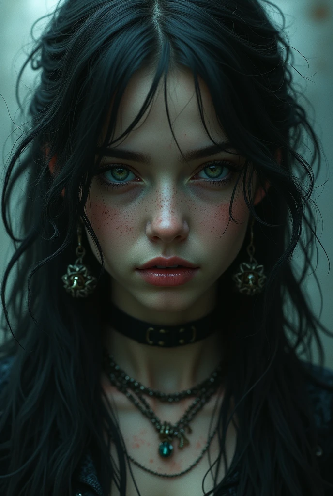 a girl with chains, beautiful detailed eyes, beautiful detailed lips, extremely detailed face, long eyelashes, intricate chain jewelry, grungy dystopian atmosphere, dark moody lighting, dramatic chiaroscuro, cinematic composition, fantasy, dark fantasy, moody, dramatic