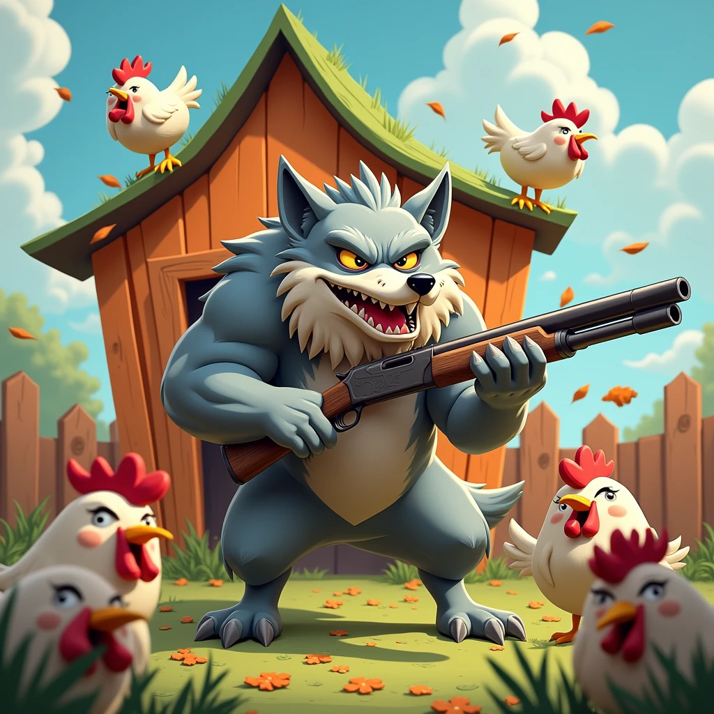 a wolf with a shotgun as if she were standing shooting at chickens inside a cartoon-style chicken coop for a cover with image size 2560x1440 with more chicken 
