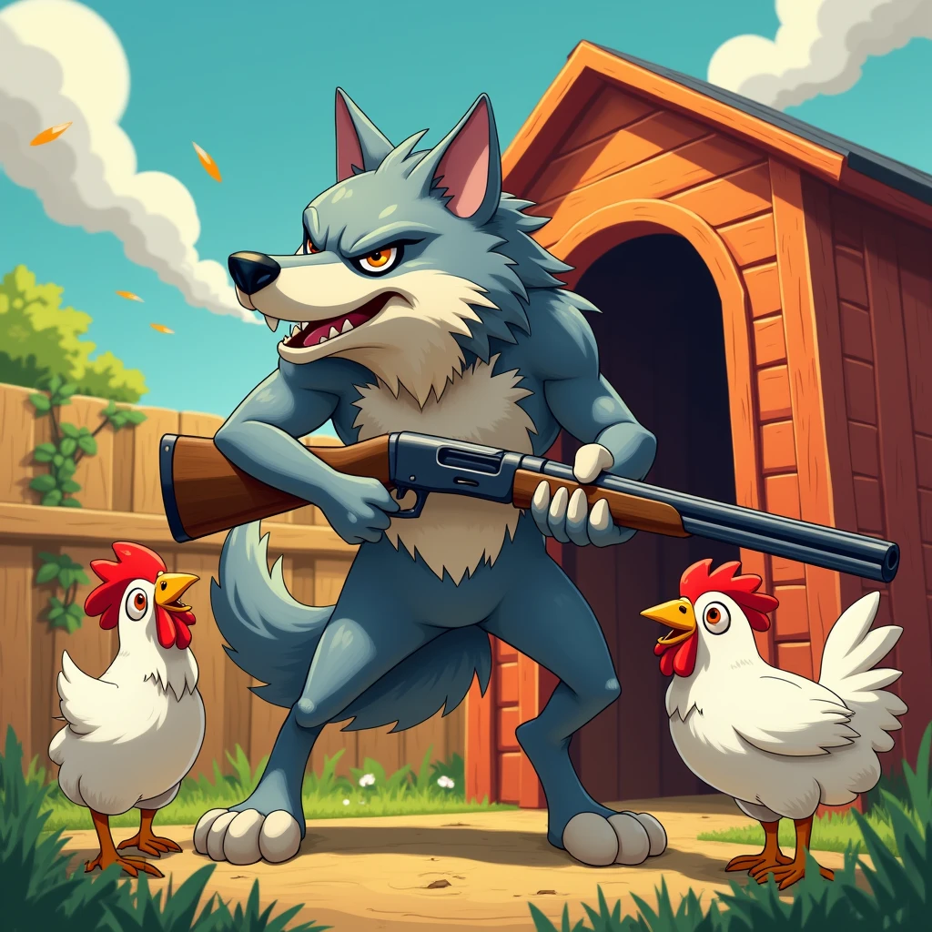 a wolf with a shotgun as if she were standing shooting at chickens inside a cartoon-style chicken coop for a cover with image size 2560x1440 with more chicken 