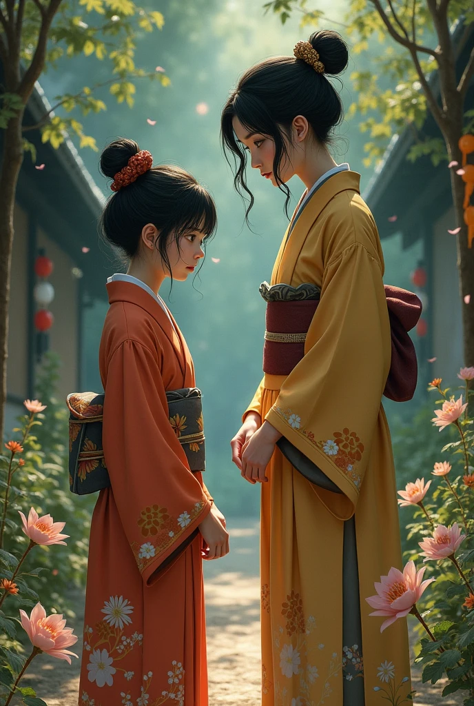 Depict a contrast between two siblings in a style similar to Princess Mononoke. Show the older sister as responsible and hardworking, overshadowed by the younger sister who is being excessively pampered. The parents should appear distant or preoccupied, with a sense of favoritism being apparent. The setting should reflect the disparity in treatment, with celebratory elements surrounding the younger sister and a more somber tone around the older one