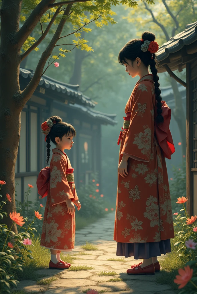 Depict a contrast between two siblings in a style similar to Princess Mononoke. Show the older sister as responsible and hardworking, overshadowed by the younger sister who is being excessively pampered. The parents should appear distant or preoccupied, with a sense of favoritism being apparent. The setting should reflect the disparity in treatment, with celebratory elements surrounding the younger sister and a more somber tone around the older one