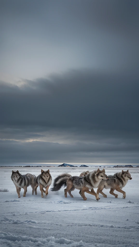 Siberian Wolf Pack : A pack of Siberian wolves makes its way through a blizzard on the frozen tundra. The alpha wolf leads the pack, with fur raised by strong winds, While the other wolves follow closely behind, his breath visible in the cold air. The landscape is vast and desolate, and only the wolves bring the scene to life.
