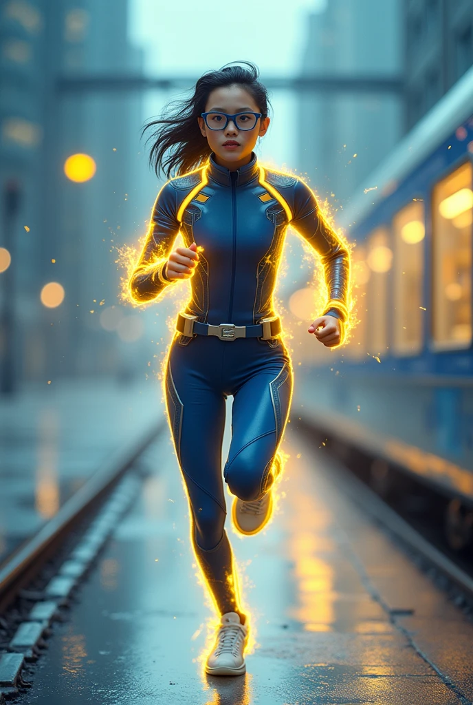 Chinese japan women average age wear jumpsuit high tech(( blue yellow)) age 15. high tech belt. ))Running effect. flat chest. Glowing yellow power.((wear jacket blue))short girl. Runfast effect. saggy breast open zip.. Wear blue big glasses big frame.running speed of light . latex suit. big tight. running athlete.pontytail hair. Braces teeth. train rail .Bokeh background. Panning effect. Yellow high tech watch. a beautiful young chinese women, , wearing a high-tech blue and yellow very tight jumpsuit. wear jacket bomber jacket blue yellow, venus body type.. unning with style pose . ,floating water pallet, photorealistic.(( fast train effect))detailed facial features, long hair, elegant pose, dynamic lighting. glowing body yellow lightning effect, 8k, award-winning digital art, intricate details, vibrant colors, cinematic composition. very fasr run, highly detailed. light trail effect. speed of light. froze time effect. at the city.run water . spash water. the girl run fast on wet road. background on subway((.knee cover ))
