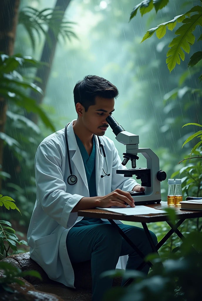 A Nepali Young Male doctor With microscope in jungle In rain
