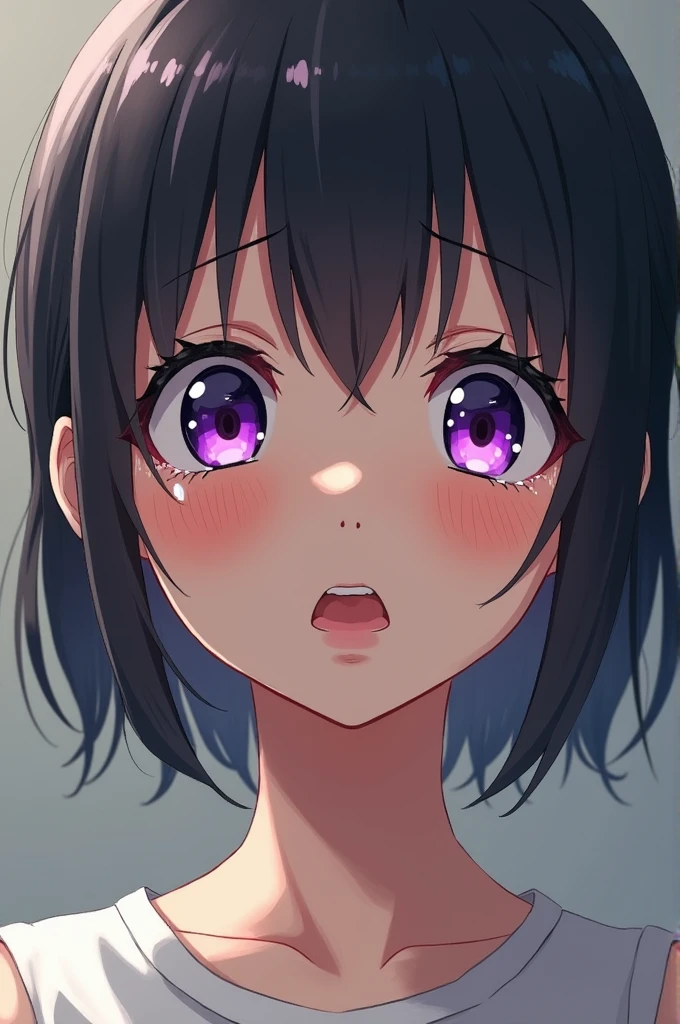 Anime nerd style girl with one eye purple while crying a lot and looking desperate without knowing what to do.
