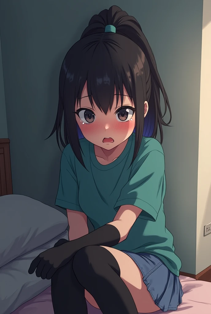 Anime Shy blushing and crying 1 girl because She wanna tell you She is a futa but is scared you gonna leave her so she cry in fear. (you are cute lesbian girl to her that she love) Ayano Aishi has pale skin, dark grey eyes, and straight, mid-back length black hair. She stands at a height of 165 cm (5 ft. 5 in), weighs 43.5 kg (96 lbs.), and has average-sized breasts. Her hair is tied into a high ponytail with sharp bangs swept to the right, the middle one being the most prominent, and two strands of hair that frame her face, reaching to her shoulders. Ayano will wear a teal-green shirt, blue denim skirt, black thigh high socks, black gloves, and sneakers. (Futa Ayano Aishi)