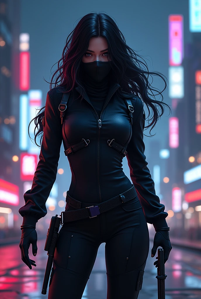 a woman wearing ninja clothing or special forces military clothing looking at the viewer, wearing a black mask that covers only the nose and mouth, displaying a high tech dagger in his right hand showing the blade to the viewer, and a 9mm pistol on his belt, with a cyberpunk city in the background at night, lush black hair, with some highlights in neon red or neon purple