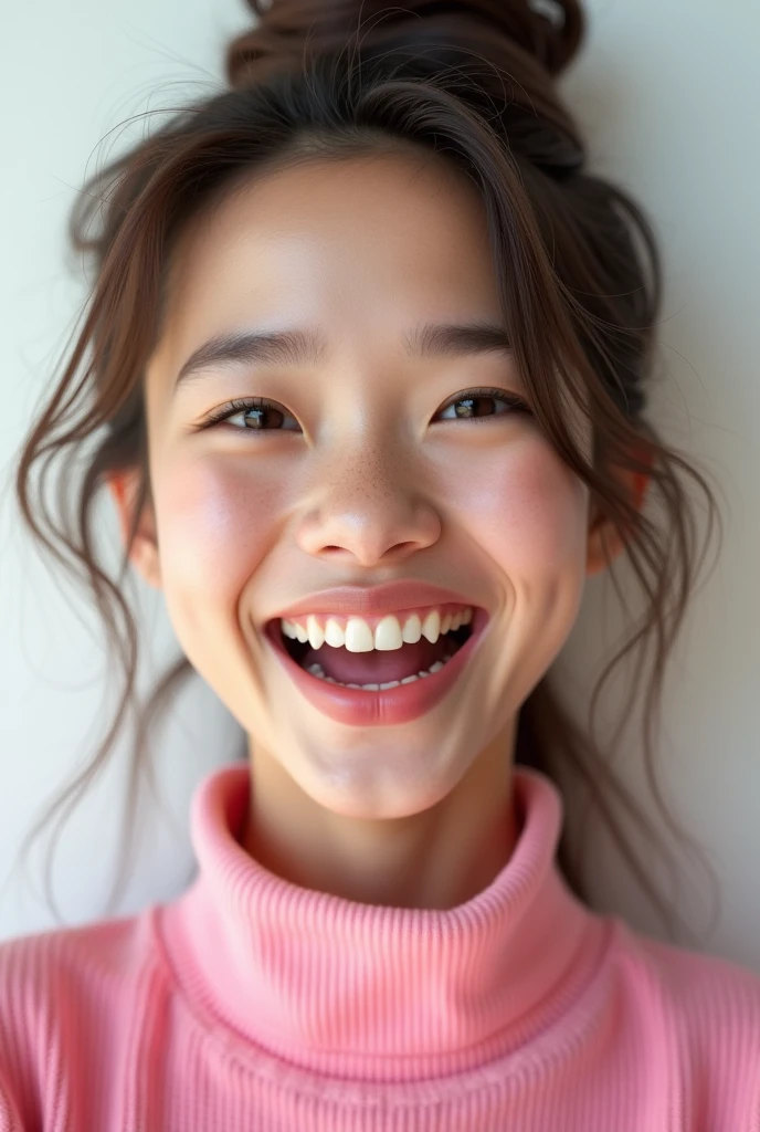 Hyper-realistic image of a young woman, with detailed, lifelike features, wearing a pink outfit, feeling enthusiastic about various offers. The image highlights a highly realistic character with intricate textures, detailed skin, and a lively expression. The young woman is captured in a close-up, with cinematic lighting that accentuates her enthusiasm. The background is clean and white, with sharp focus on the subject.