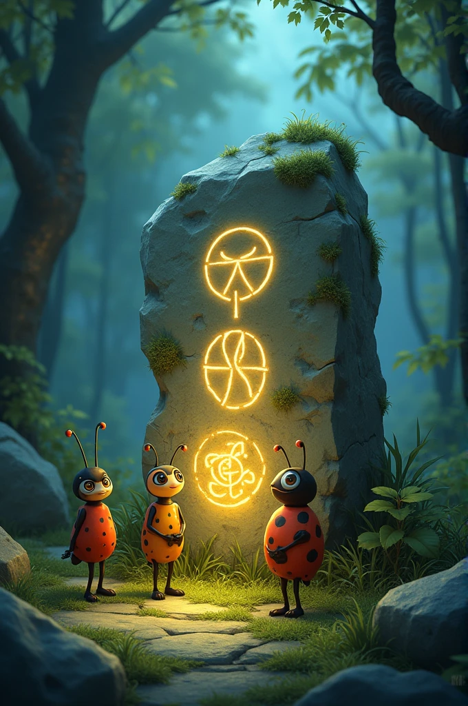 Illustrate a scene in which the ant Fifi, Ladybug Lola and Firefly Lume are standing around a large, ancient stone with glowing symbols engraved on its surface.. The stone should look worn and mysterious., with moss growing around it. Characters should appear intrigued and curious, with Lume's light casting a soft glow on the symbols.