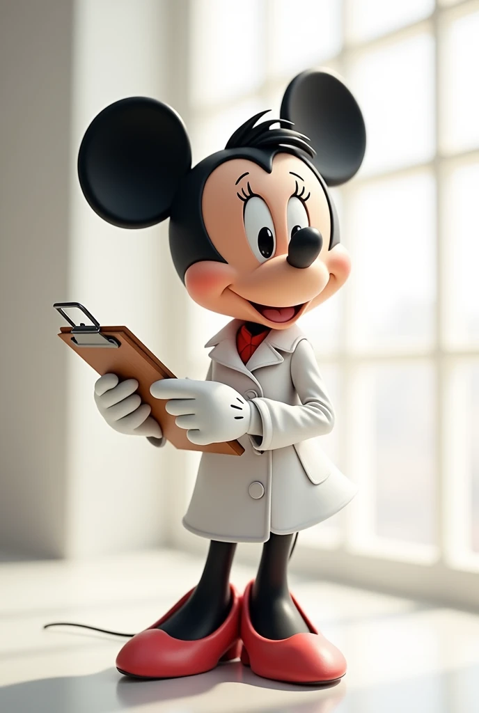 create a disney minnie wearing a white coat holding a clipboard
