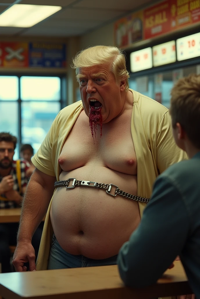 cinematic and vivid, a deranged obese donald trump with crossed eyes in a straitjacket drooling in a mcdonalds