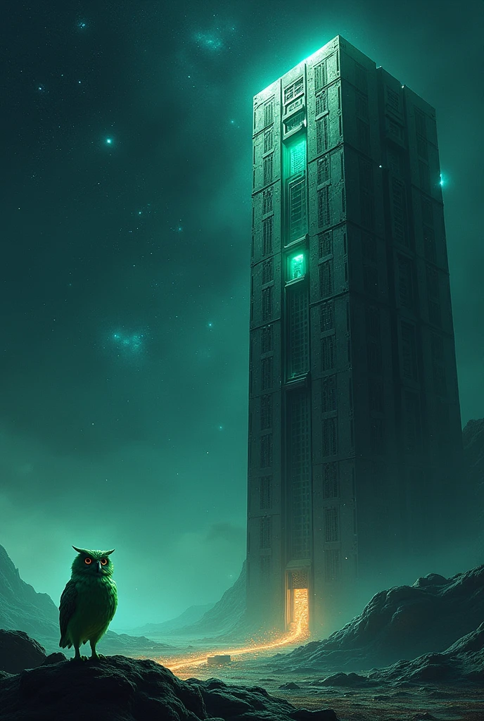 In the limitless expanse of deep space, a colossal server building stands majestically on the right side of the image. Its metallic surface shines under the ethereal glow of distant stars, it has multiple portals between different realities. He is joined by a green astronaut owl at the bottom
