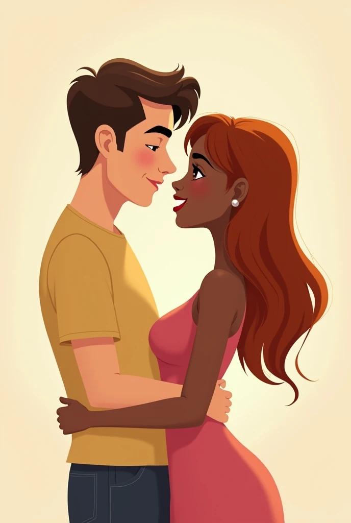 Animated Couple Relationship: White man with straight brown hair, 2, and Black woman with straight dark blond copper hair, 1