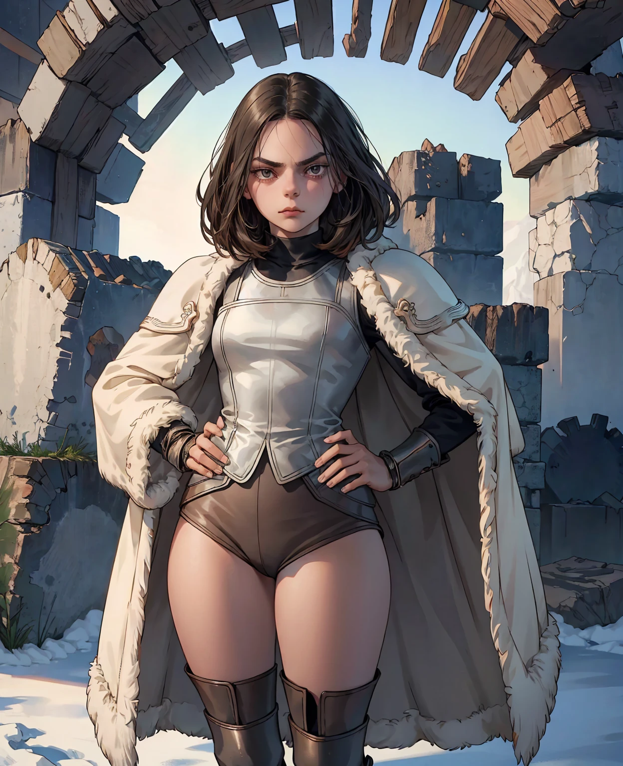 Dafne Keen as the Ice Guard: Wears rugged fur-lined leather armor, thick woolen layers, heavy boots, and a sturdy fur cloak for warmth and protection in the cold.