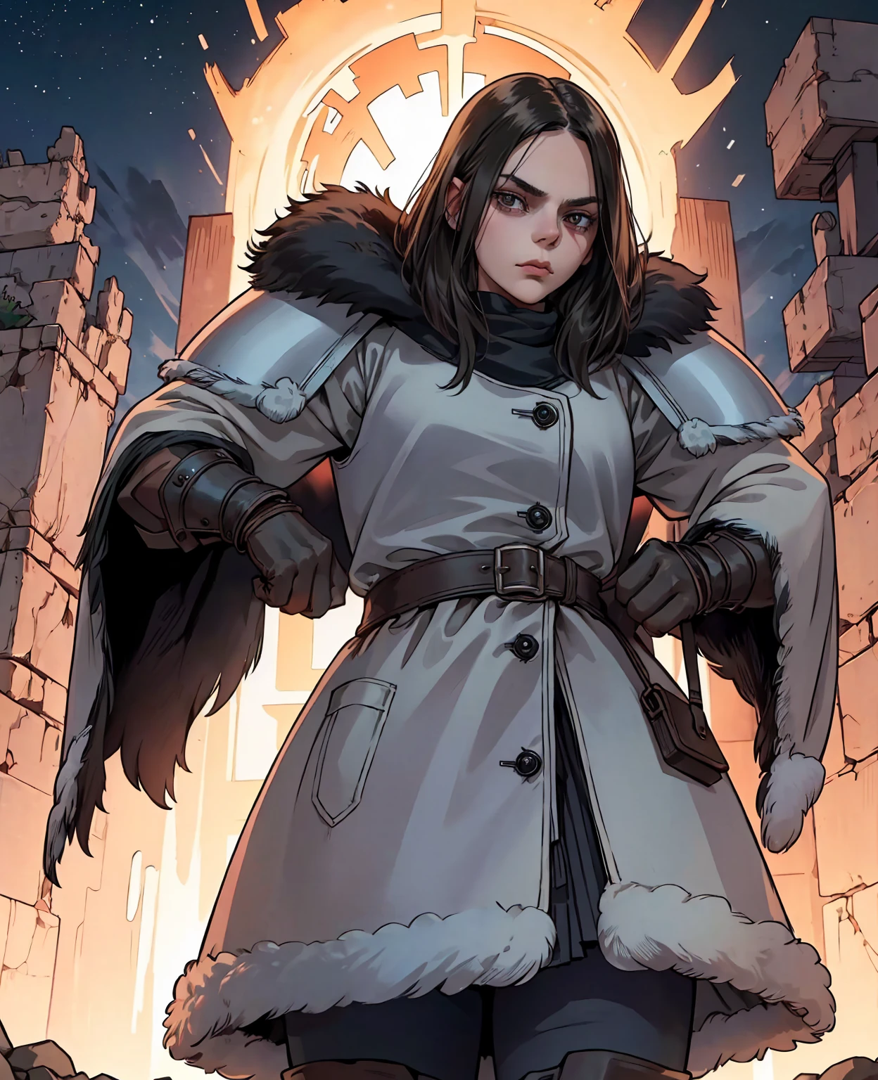 Dafne Keen as the Ice Guard: Wears rugged fur-lined leather armor, thick woolen layers, heavy boots, and a sturdy fur cloak for warmth and protection in the cold.