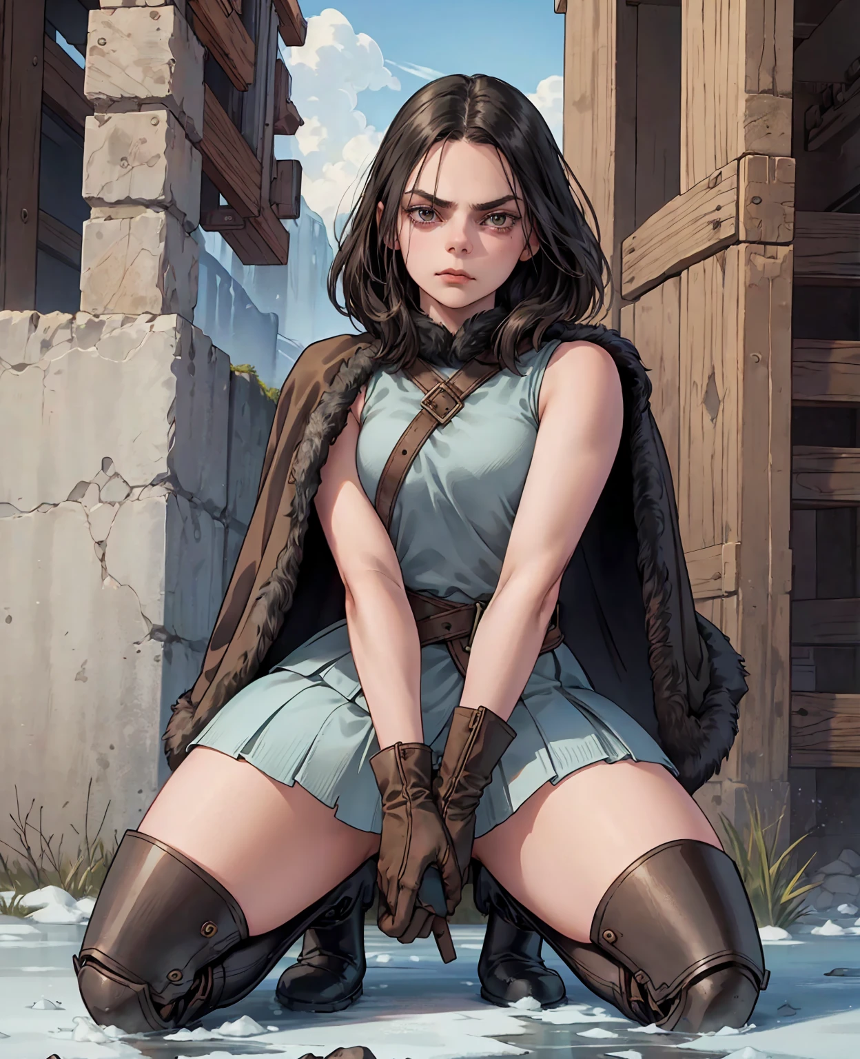 Dafne Keen as the Ice Guard: Wears rugged fur-lined leather armor, thick woolen layers, heavy boots, and a sturdy fur cloak for warmth and protection in the cold.