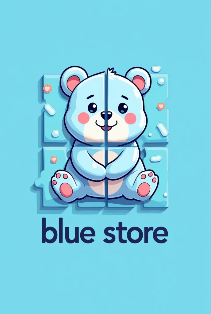 A cute bear divided into 4 puzzle pieces joining together and below it says BLUE STORE