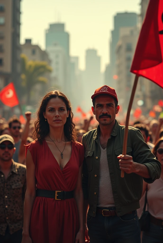 Luis Carlos Prestes and Olga Benário in a communist revolution as if the photo had been taken by a drone high above and they were facing the camera in Rio de Janeiro