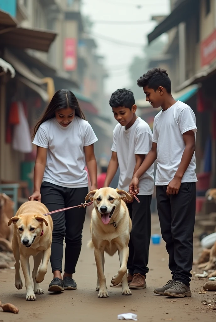 A special team  of one girl and three boys  with white t shirt and black pant helping the street dogs in streets of  india 