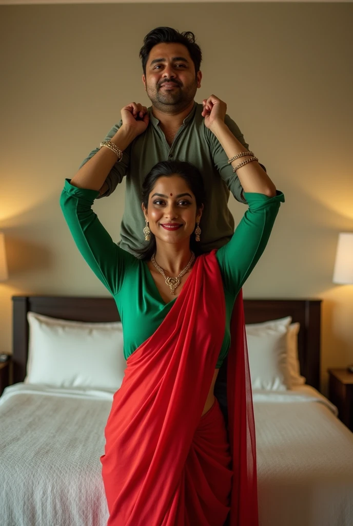 Beautiful and Slim Indian woman Aishwarya Rai in green blouse red saree lifting a large chubby fat man above her shoulders, man is sitting on woman's shoulders, in a bedroom with high ceiling, natural smile, woman is looking into the camera , she is holding his hands, full body image