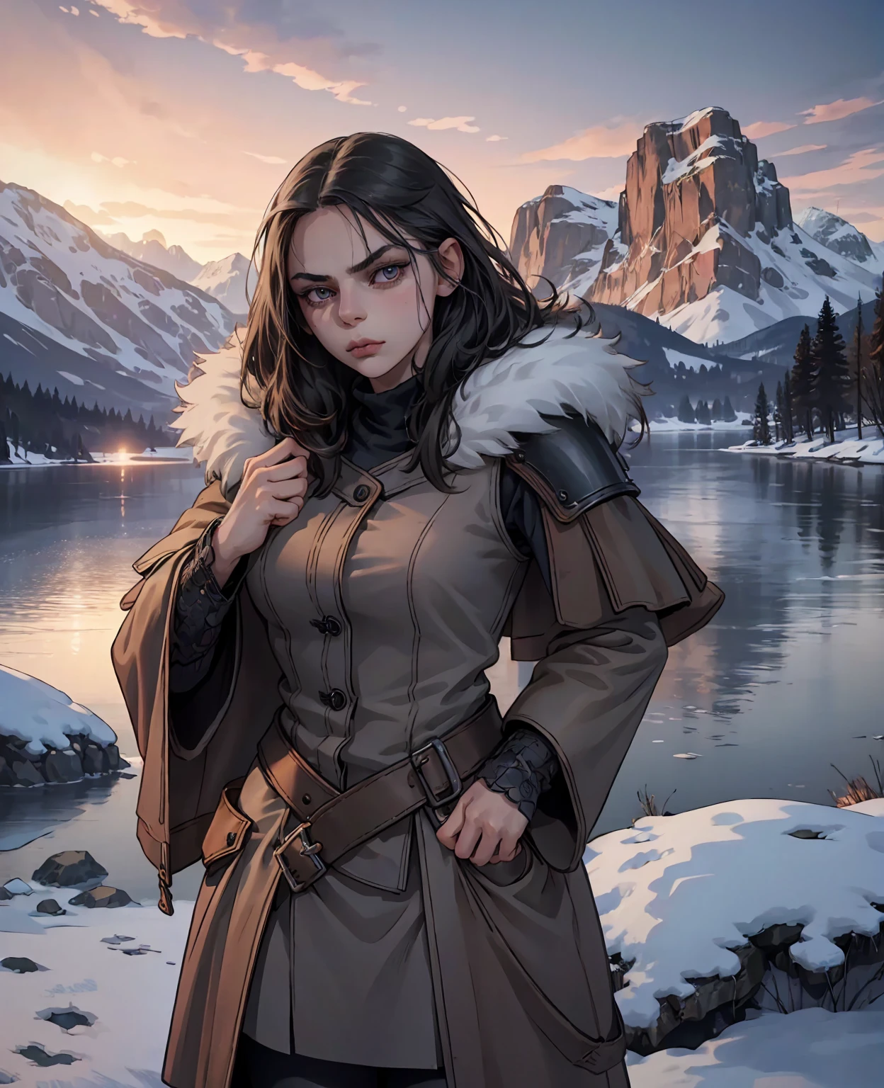 realistic detailed portrait of Dafne Keen, 1girl, insanely detailed face, beautiful detailed eyes, beautiful detailed lips, extremely detailed eyes and face, long eyelashes, rugged fur-lined leather armor, thick woolen layers, heavy boots, sturdy fur cloak, cold environment, snow, ice, landscape, winter, frozen lake, mountains in the background, dramatic lighting, cinematic, photorealistic, 8k, high quality, detailed description, concept art