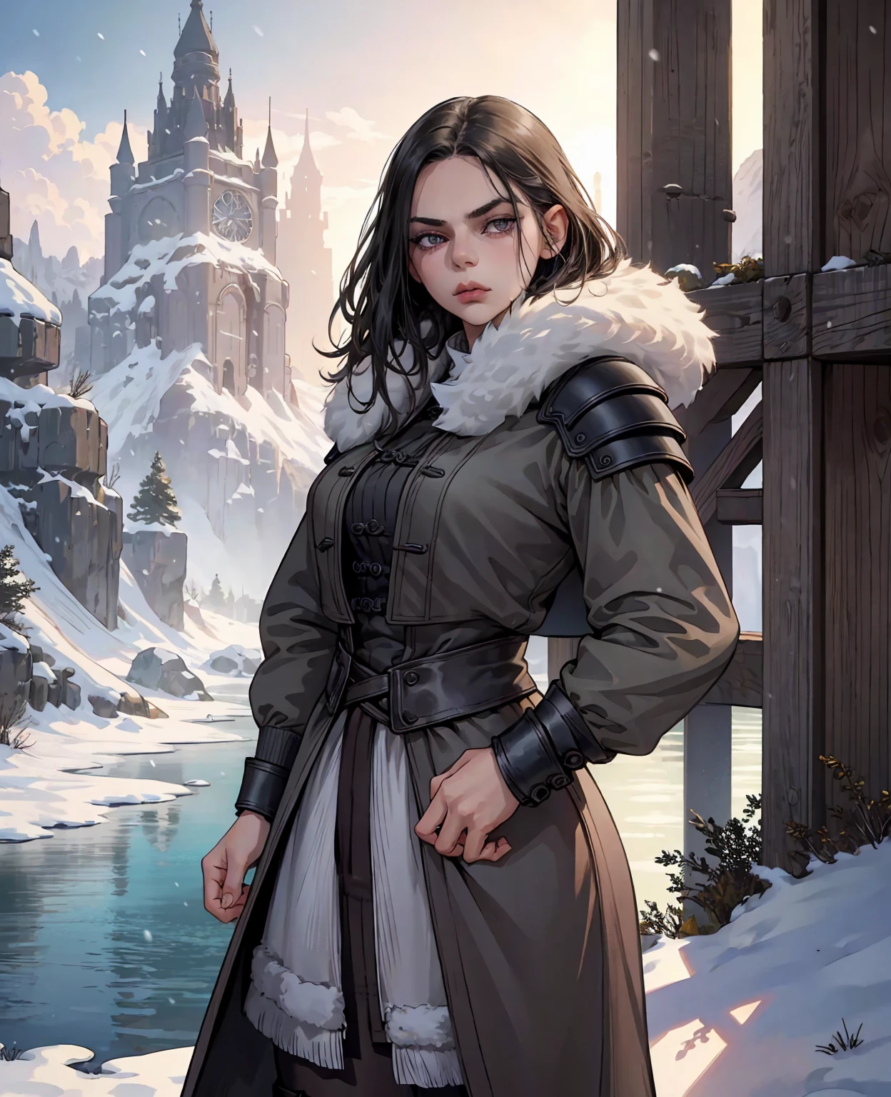 realistic detailed portrait of Dafne Keen, 1girl, insanely detailed face, beautiful detailed eyes, beautiful detailed lips, extremely detailed eyes and face, long eyelashes, rugged fur-lined leather armor, thick woolen layers, heavy boots, sturdy fur cloak, cold environment, snow, ice, landscape, winter, frozen lake, mountains in the background, dramatic lighting, cinematic, photorealistic, 8k, high quality, detailed description, concept art