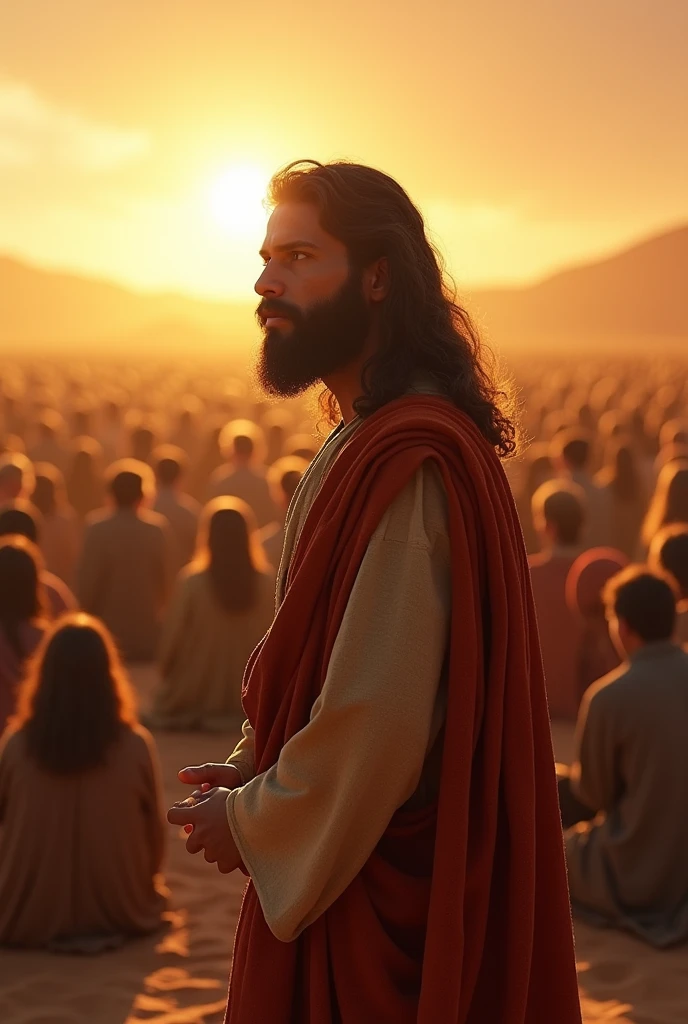 Jesus Christ preaching in the desert with a lot of people in the distance attentive sitting around, male, bearded, long hair, brown hair, brown eyes, face centered, sunset, portrait, face, beautiful, perfect composition, gorgeous, detailed, intricate, insanely detailed, octane, rendering, trend, in, art, art, fine art, fine art photography, photorealistic concept art, perfect light, soft, natural,  Volumetric, chiaroscuro, award-winning photography, artwork