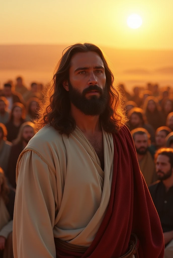 Jesus Christ preaching in the desert with a lot of people in the distance attentive sitting around, male, bearded, long hair, brown hair, brown eyes, face centered, sunset, portrait, face, beautiful, perfect composition, gorgeous, detailed, intricate, insanely detailed, octane, rendering, trend, in, art, art, fine art, fine art photography, photorealistic concept art, perfect light, soft, natural, Volumetric, chiaroscuro, award-winning photography, artwork