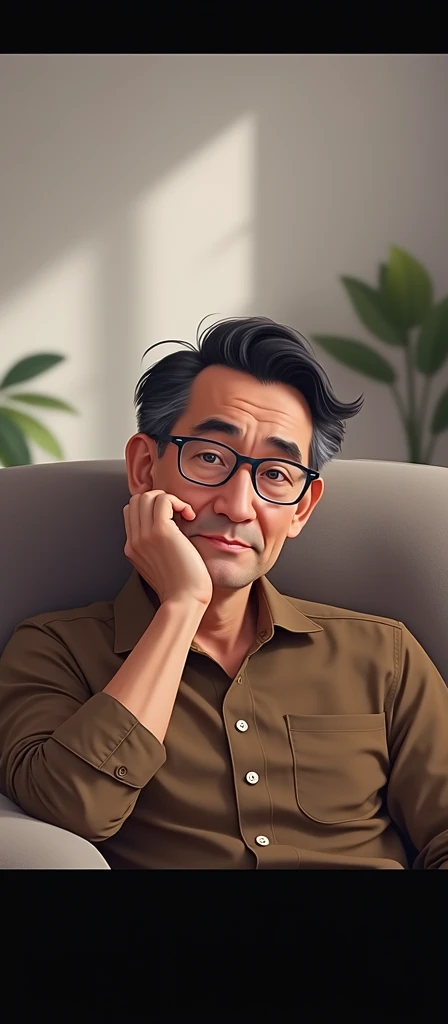 one men , with black hair in brown blouses at home sitting on the couch wearing glasses