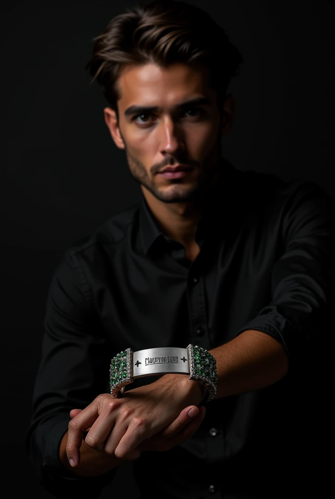 Men's Bracelets Jewelry, Plata,locked stones on the edges, writings in the center Clayton Du Lord in the shape of a cross The black model wears a black shirt