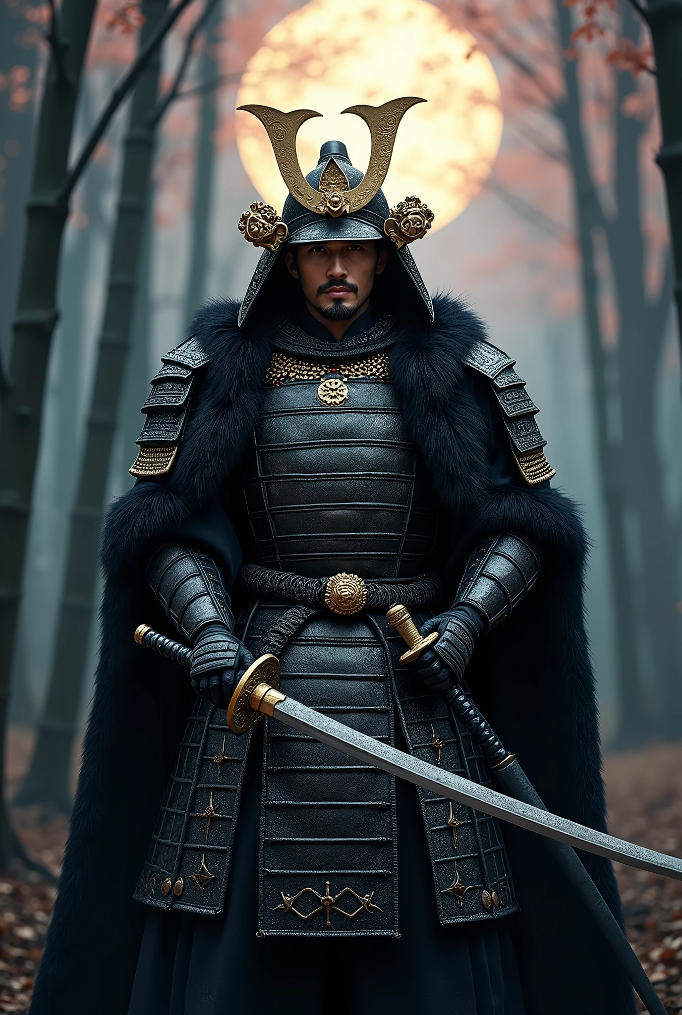 A samurai warrior man from ancient China, with black iron armor and golden dragon ornaments, alone, by the wide, looking at the viewer, black fur, masterpiece, necessary, anatomically correct, The best quality, High resolution, detail, HD, Very detailed, perspective, Hasselblad, NIKON, in a cherry blossom forest, at night, brandishing a samurai sword that shines at the end due to the moonlight. There is also bambooHyperrealism, hyperdetailed, 