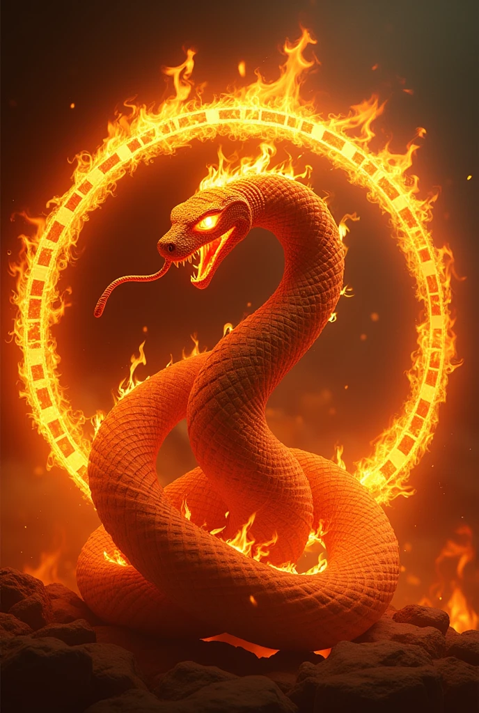 This image would have Boitata with the head and body with snake eyes and on fire in an infinite circle and on fire, with more, the mouth spitting hot drool and inside the circle there will be two letters, the letter L and T, catching fire and melting. And a gradient of red and gold