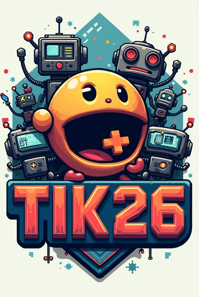pixel logo for class with computers, ++ in pac-man's mouth, robots and text TiK26 with T and K capitalize