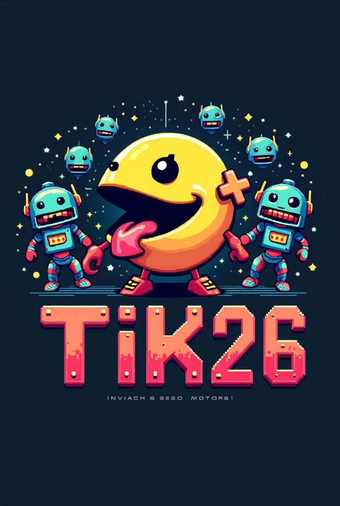 pixel logo for class with computers, ++ in pac-man's mouth, robots and text TiK26 with T and K capitalize