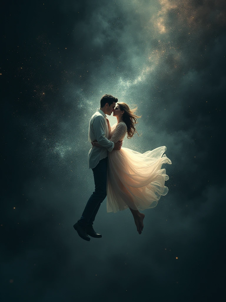 particles floating in space, lovers floating in space blurred out, aspect ratio 1:1