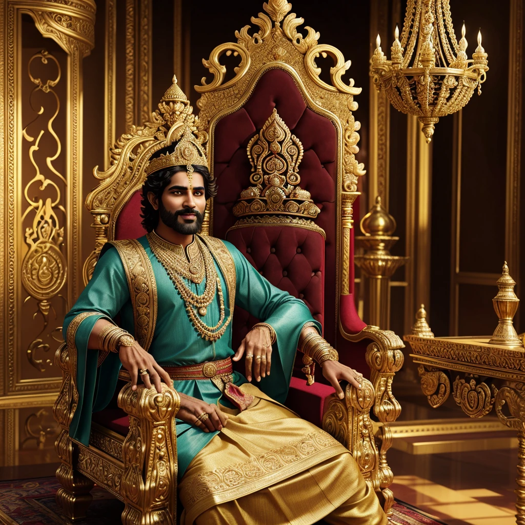 a cinematic 3d cartoon style, raja vikram sitting on his throne, calling a sage to his palace with a challenging smile on his face, intricate detailed ornate palace, elaborate throne, rich royal attire, dramatic lighting, vivid colors, cinematic composition, masterpiece