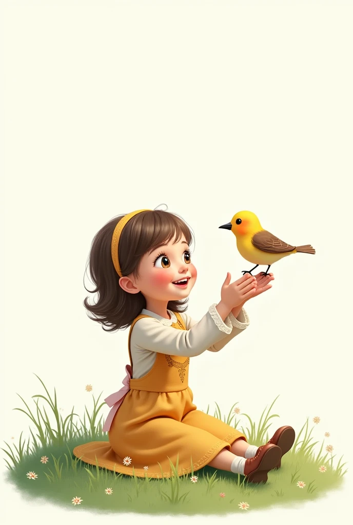 white background,cute siting on grass,she look at the little bird,rais her hands to the little bird,little bird flying,best quality,smart frock wearing the girl