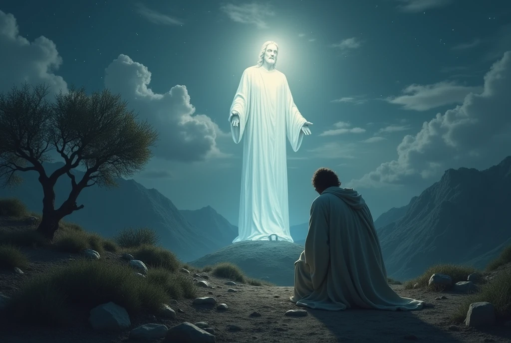 a man kneeling in prayer, Jesus, Garden of Olives, mountain top, night landscape with moonlight and clouds, neutral colors, luminous and majestic aura of Christ, (best quality,4K,8K,high resolution,artwork:1.2),Ultra-detailed,(realistic,photorealist,photo-realist:1.37),HDR,Ultra HD,studio lighting,ultrathin painting,nitriding focus,physically based rendering,extreme detailed description,professional, vivid colors,bokeh,religious,spiritual,atmospheric,cinematic,dramatic lighting