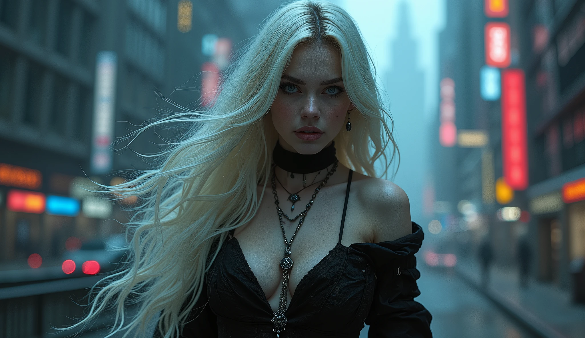 Gothic woman, blonde, background cyberpunk city, sexly, seminua